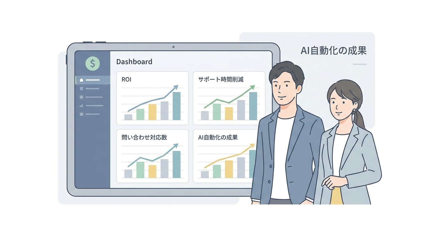 A clear financial analysis dashboard showing business ROI metrics, reduced support hours, and inquiry handling statistic