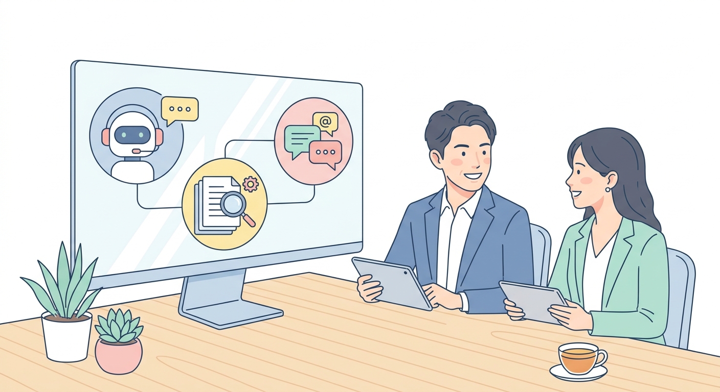 A modern digital workspace showing connected icons of customer support chatbots, CRM databases, and multi-channel messag