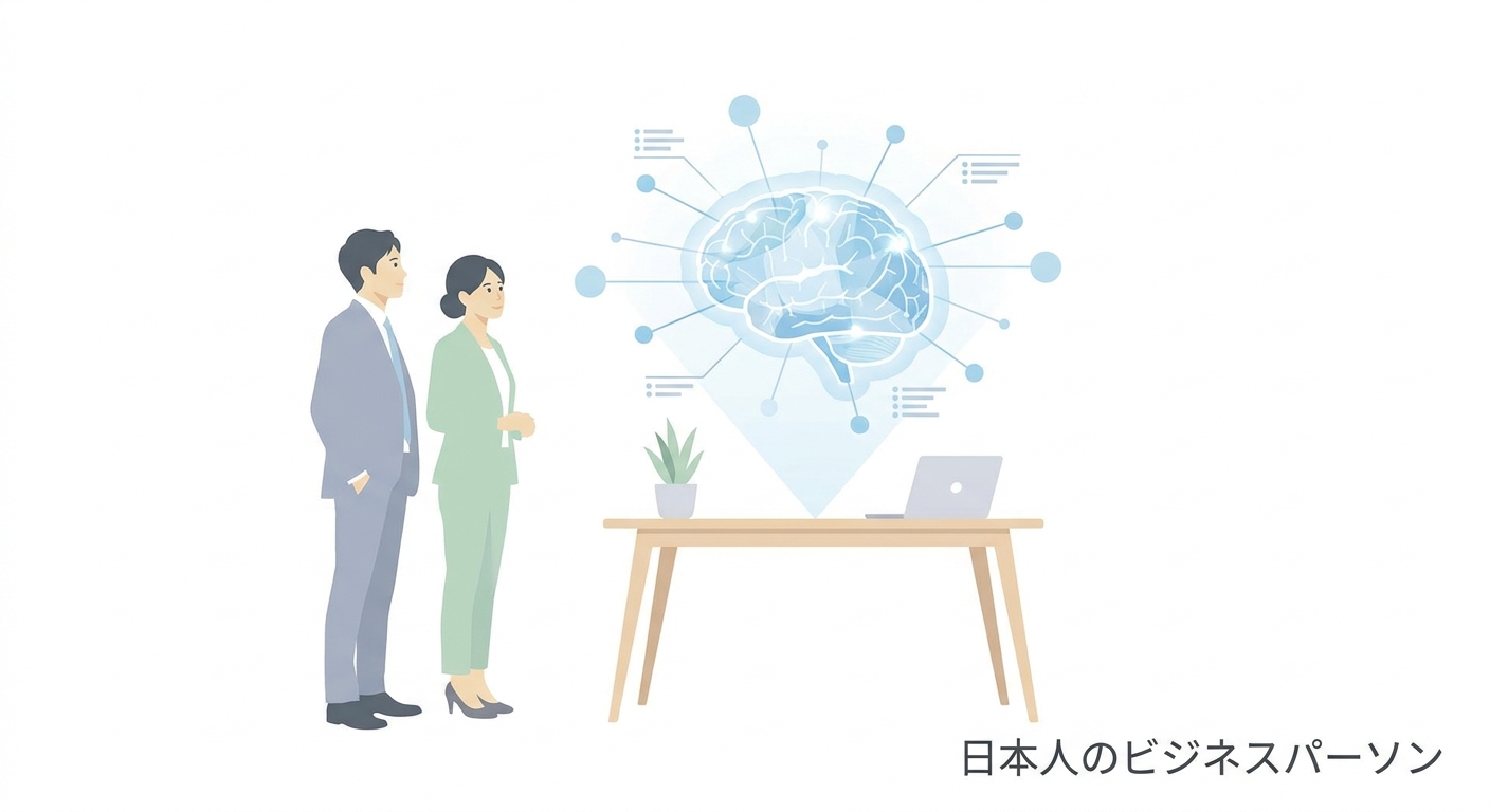 A professional modern office interior with a digital hologram of an AI brain and connected data nodes, symbolizing advan