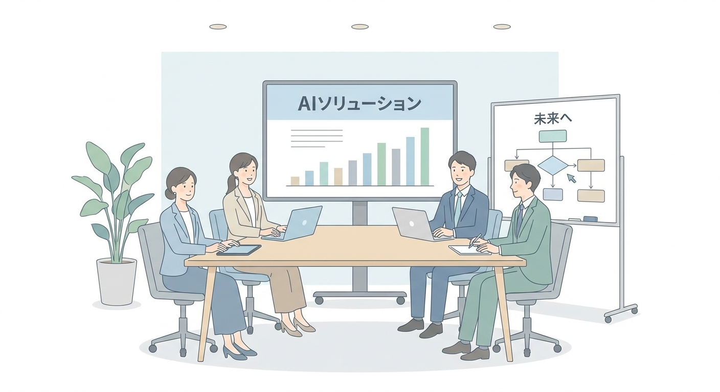A professional business meeting in a modern office, discussing AI software solutions with charts and laptops, photoreali