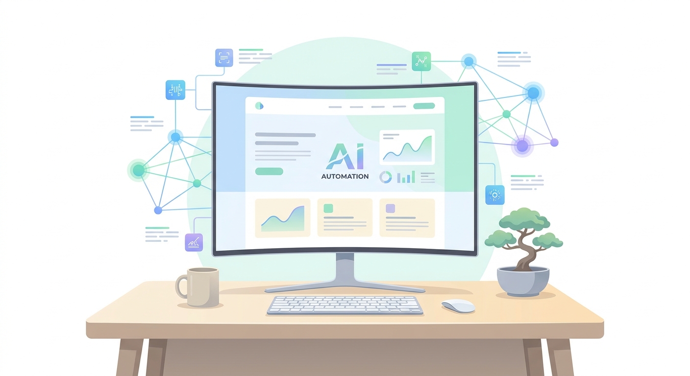 A professional and modern workspace with a high-tech computer monitor displaying a beautiful, newly generated SaaS websi