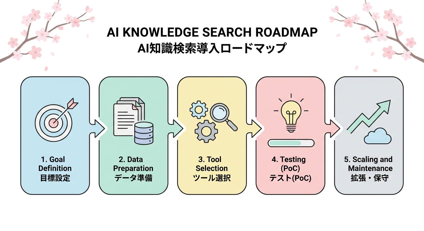An informative and clean 5-step roadmap infographic illustrating the process of implementing AI knowledge search: 1. Goa