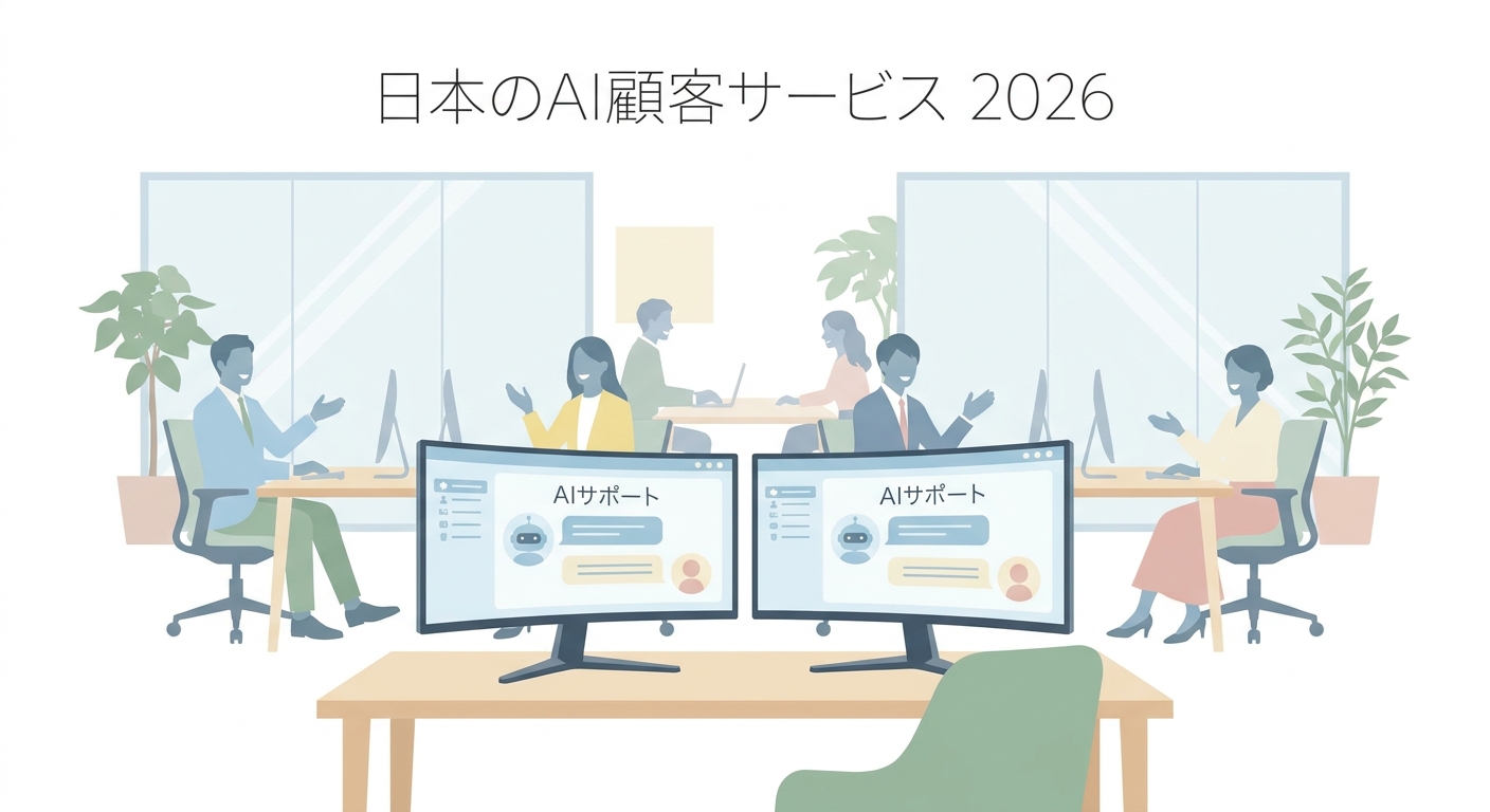 A professional customer support center with modern computers, showing a digital AI chatbot interface on screen and a fri