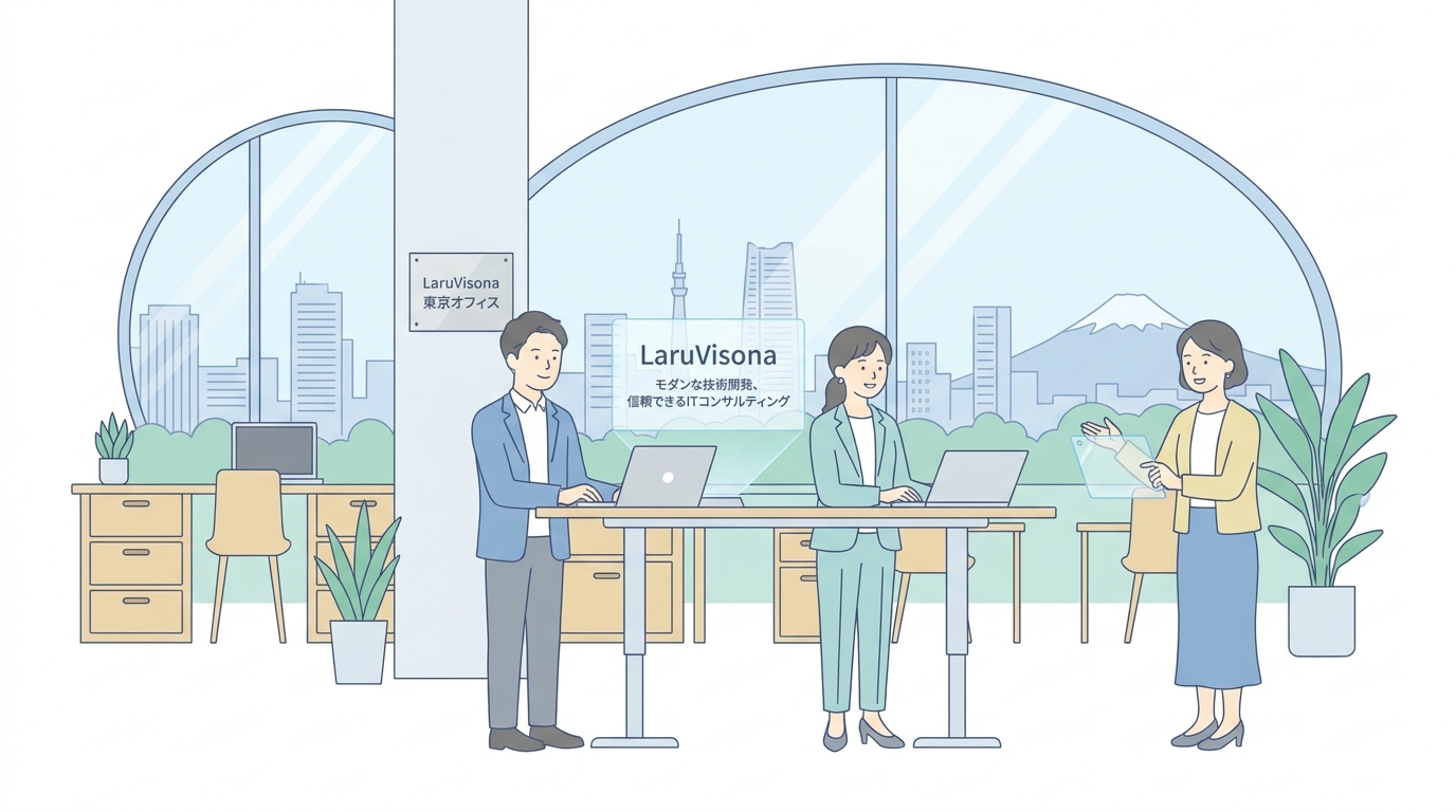 Corporate office atmosphere of LaruVisona in Tokyo, representing modern tech development and reliable IT consulting serv