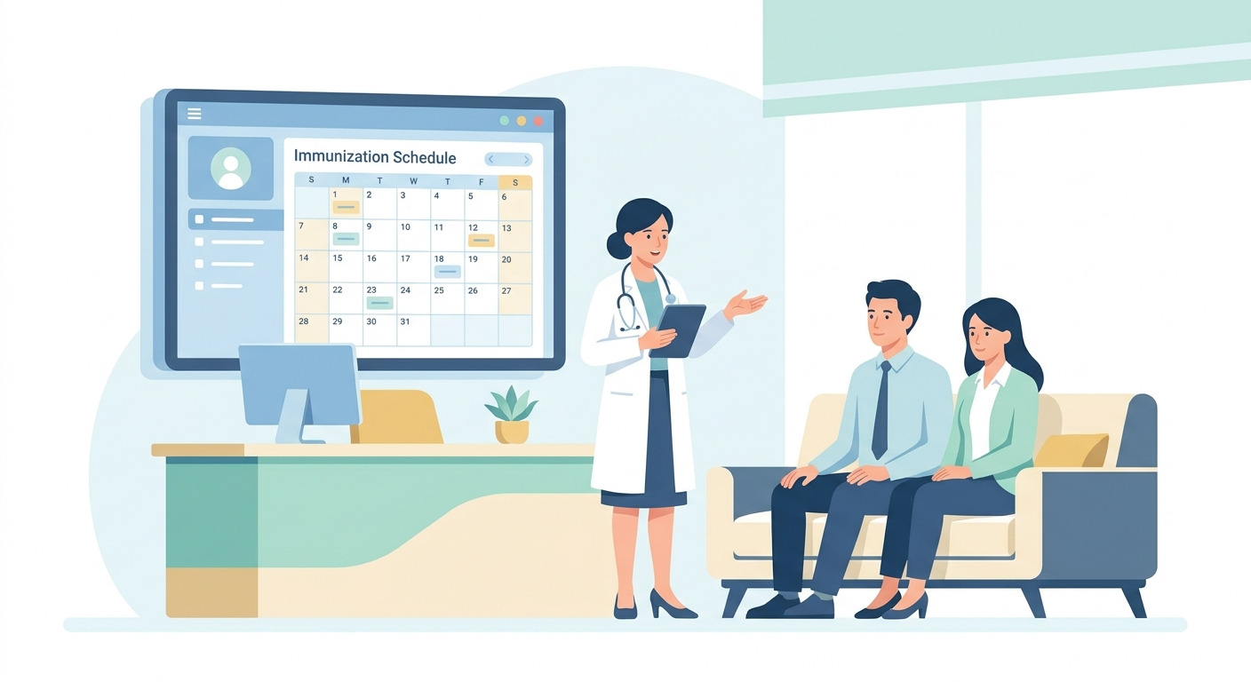 A physician explaining vaccination steps to a couple in a modern, tech-enabled pediatric clinic. On the wall, a digital 