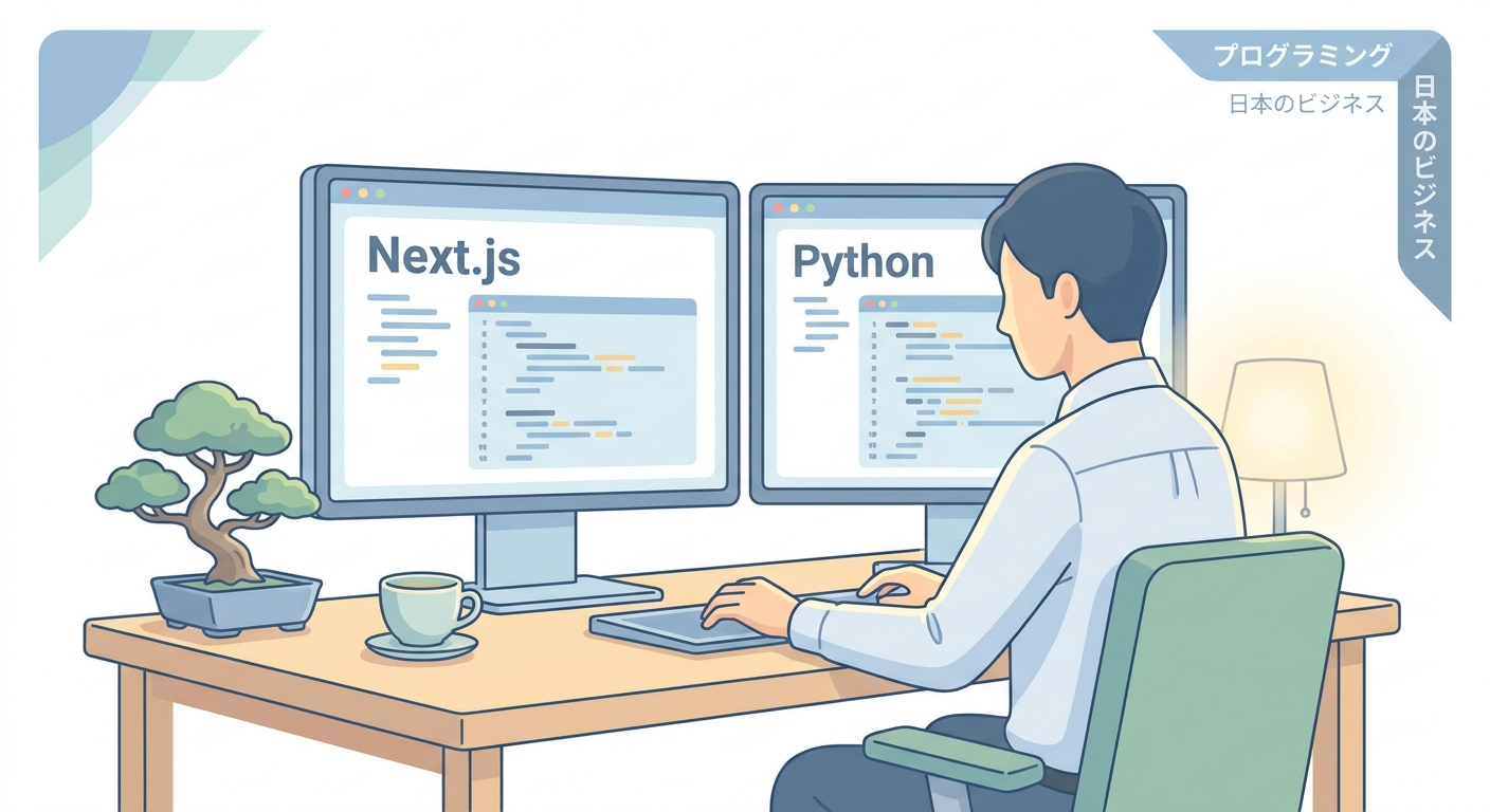 A software developer working on a dual-monitor setup showing Next.js and Python code, with a clean futuristic UI, cozy o
