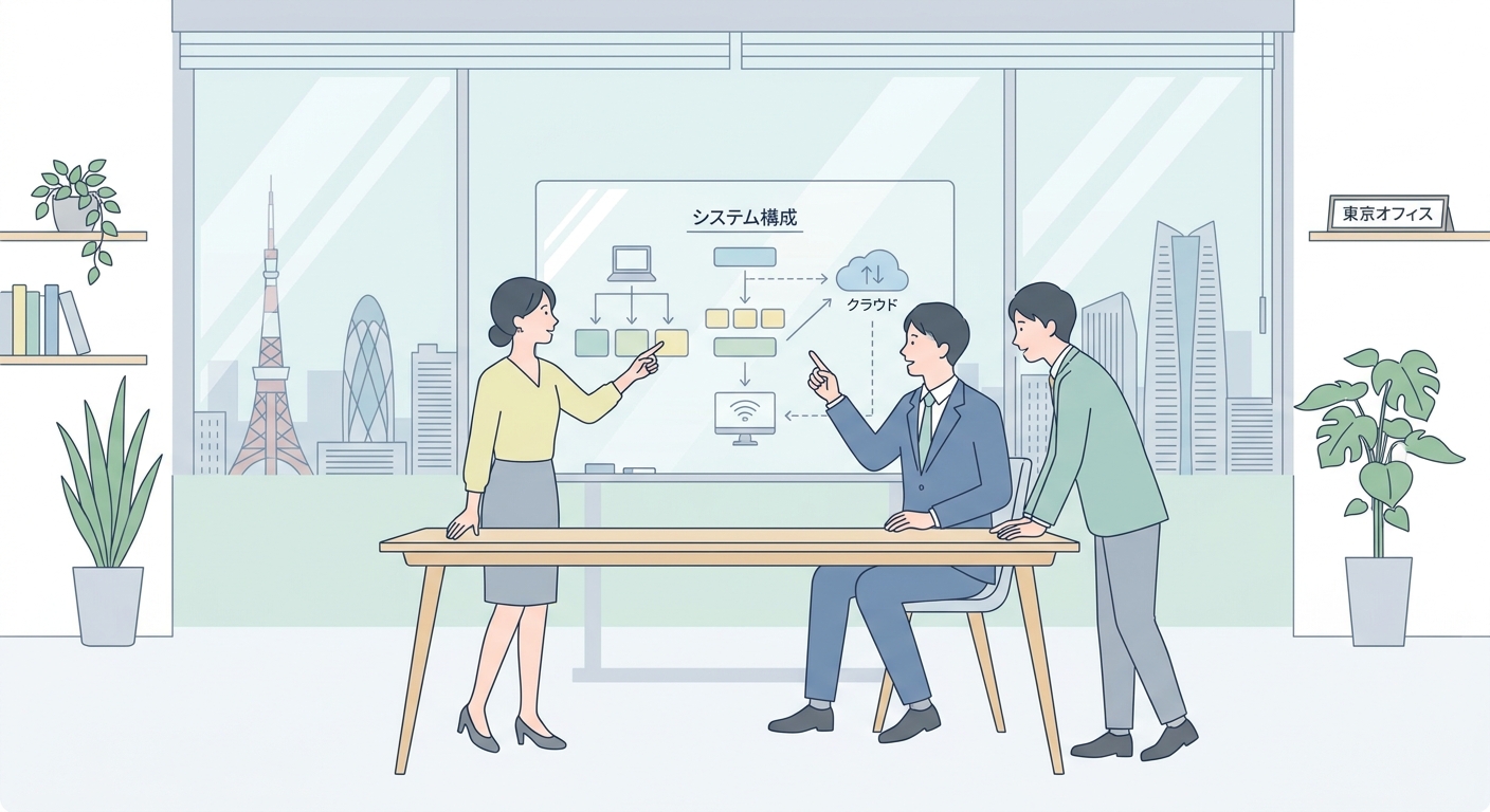 Professional IT team discussing system architecture in a contemporary Tokyo office setting