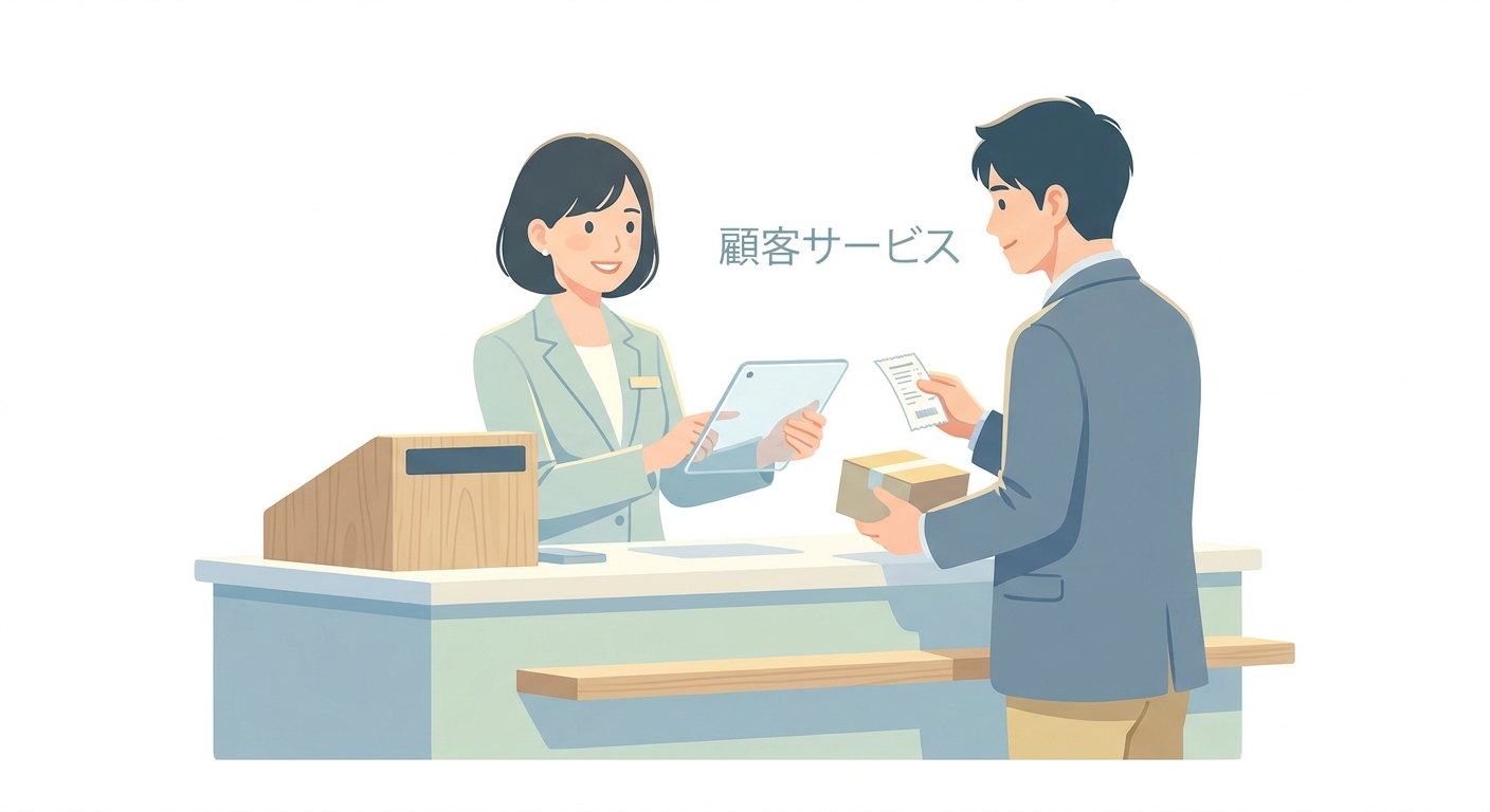 A professional customer service desk in a modern retail store, with a friendly staff member assisting a customer with a