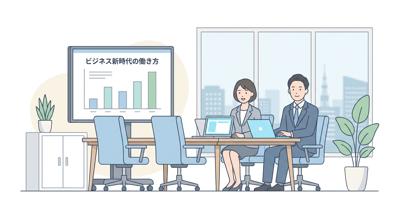 Modern office meeting room with light blue accents, depicting a clean business environment with laptop screens.