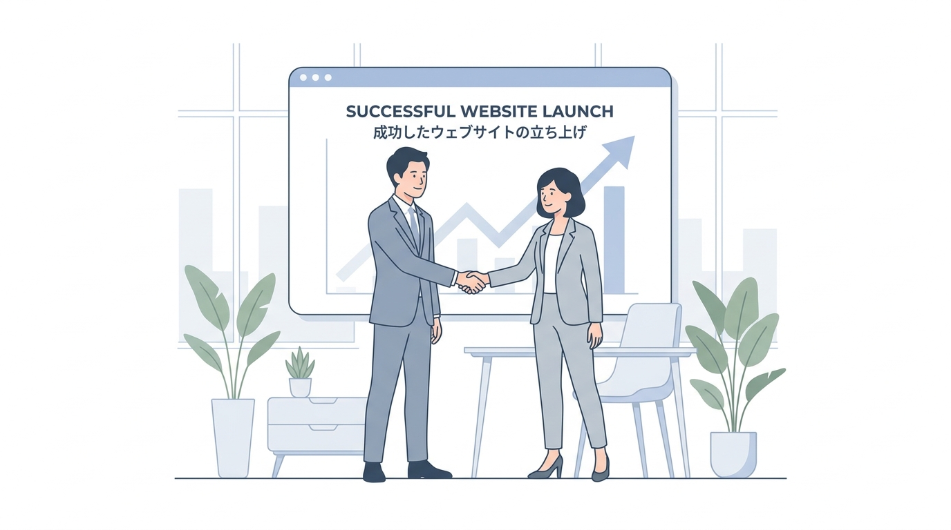 Two professional business partners shaking hands in a bright, modern office, with a digital screen in the background sho