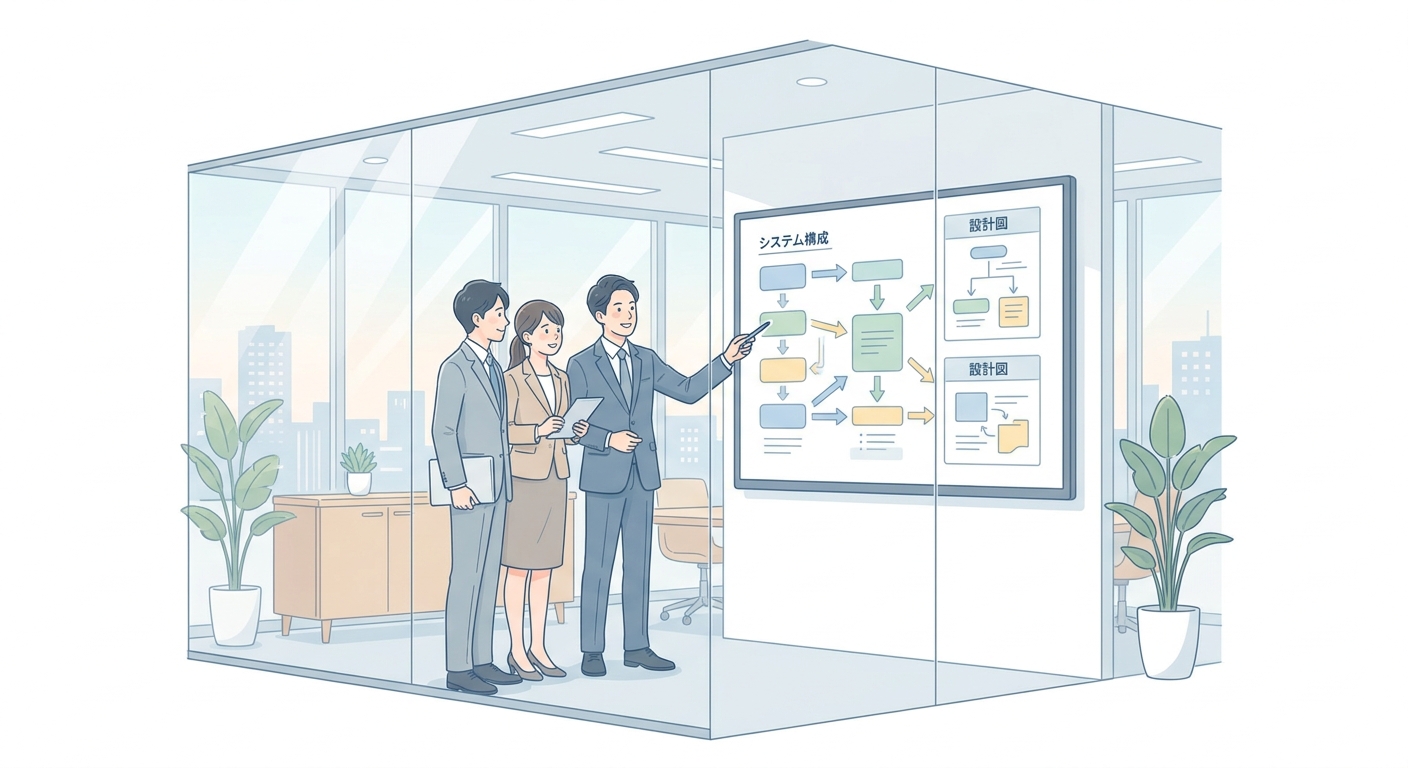 Business consultants in a bright modern glass meeting room discussing system architecture diagrams on a screen, collabor