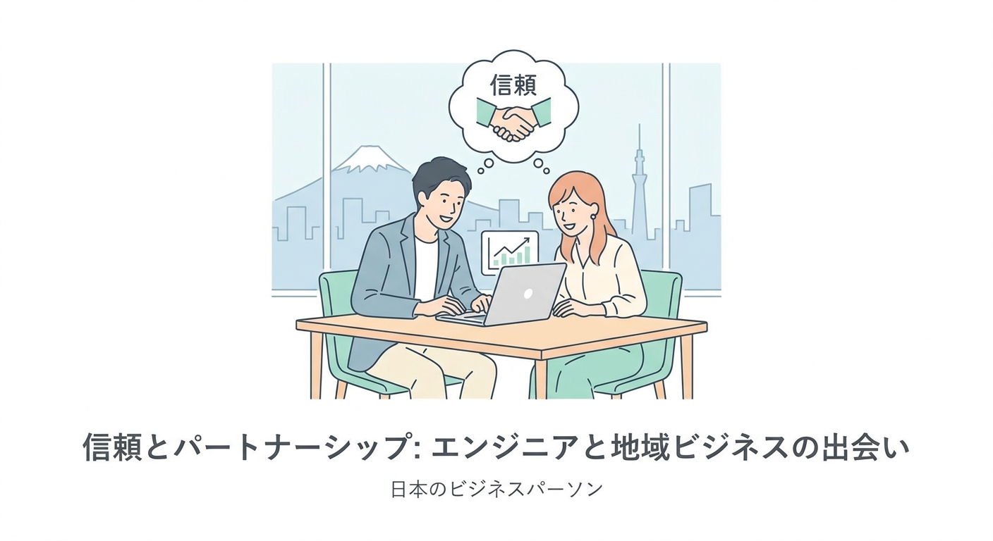A modern, minimalist office scene in Tokyo showing a business meeting between an engineer and a local small business own