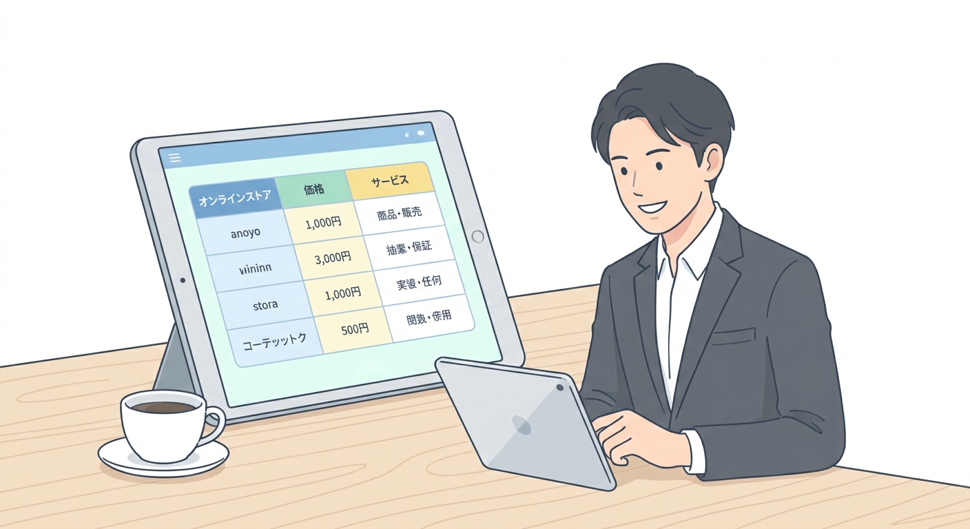 A high-tech digital tablet displaying a comparison table of various online stores, placed on a clean wooden desk with a