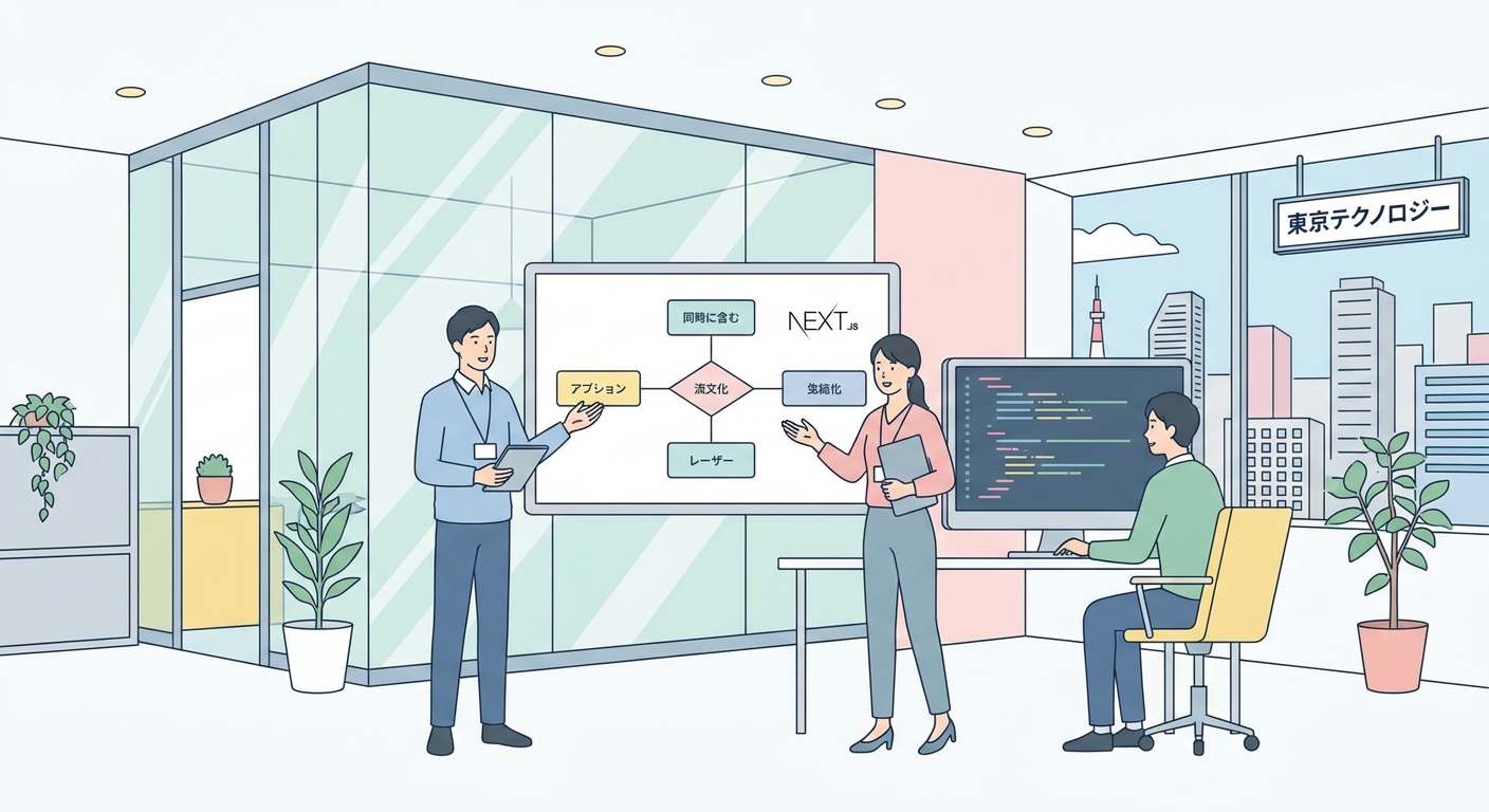 Modern office in Tokyo with developers working on Next.js web application architecture on large screens