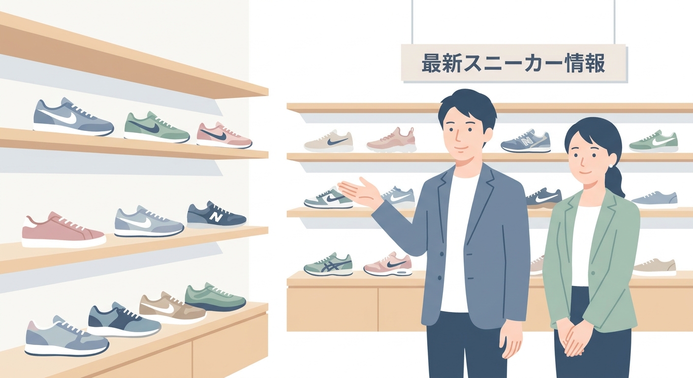 A collection of various popular sneakers from different brands lined up neatly on shelves in a modern minimalist store