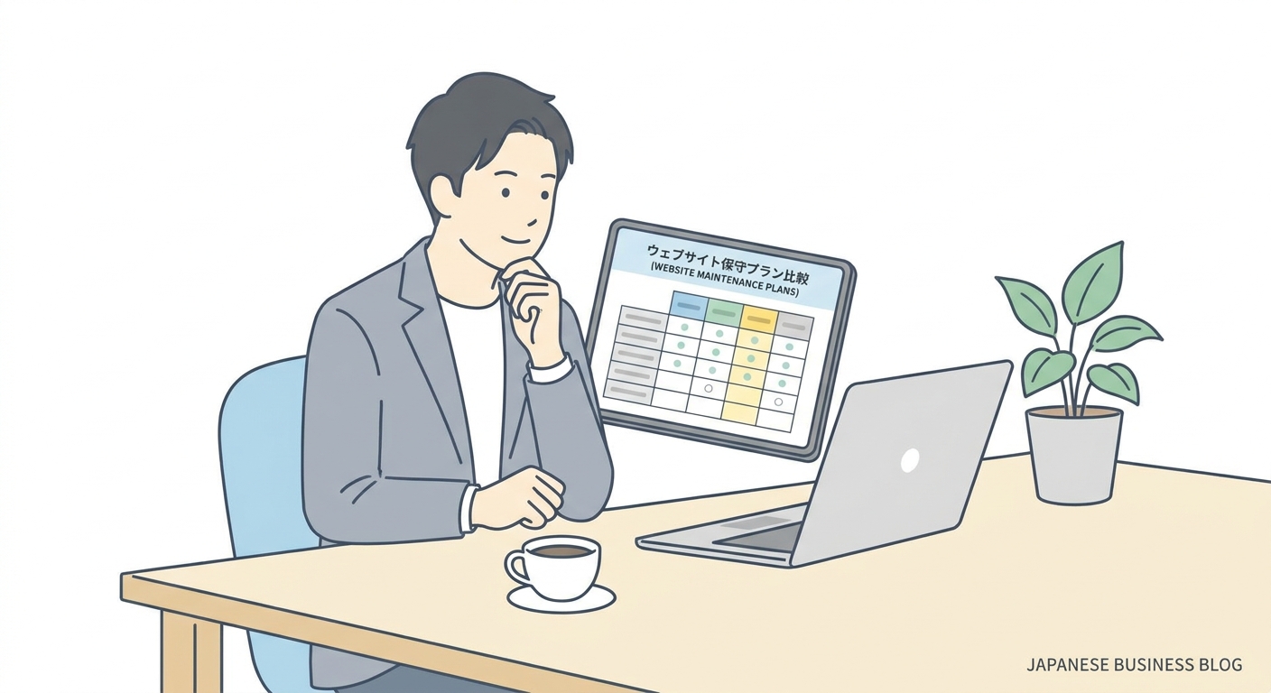 A business decision maker reviewing a comparison chart of website maintenance plans with computer and coffee on desk