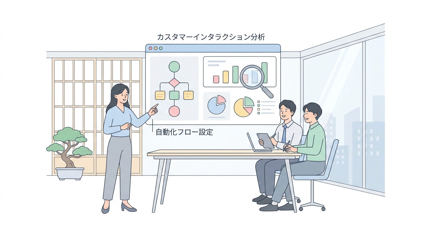 A professional team discussing customer interaction analytics and automated workflow setup on a dashboard in a modern of