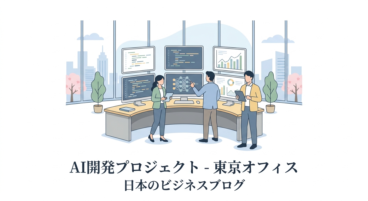 A high-tech modern office in Tokyo, with software engineers collaborating on AI application development projects, high-e