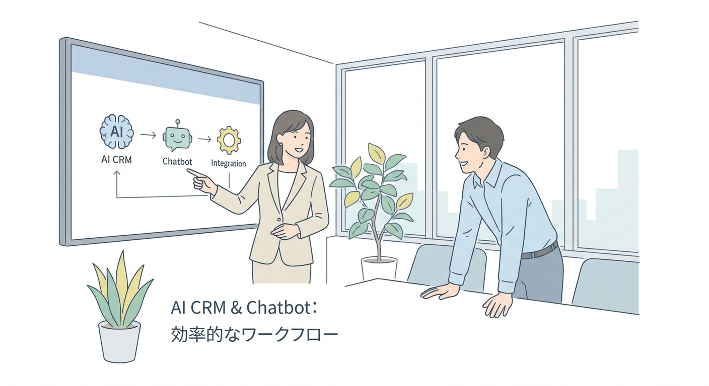 A professional consultant explaining a workflow diagram of AI CRM and chatbot integration to a business owner in a brigh