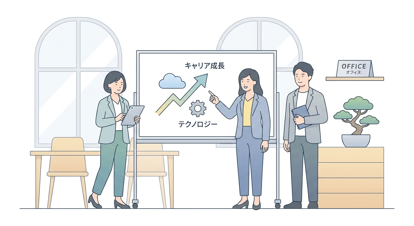 A diverse team of business professionals discussing career growth and technology on a whiteboard, bright modern office s