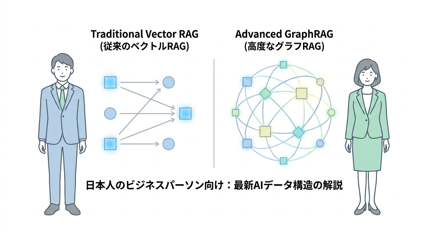 A conceptual diagram showing the difference between traditional Vector RAG and advanced GraphRAG, with glowing data node