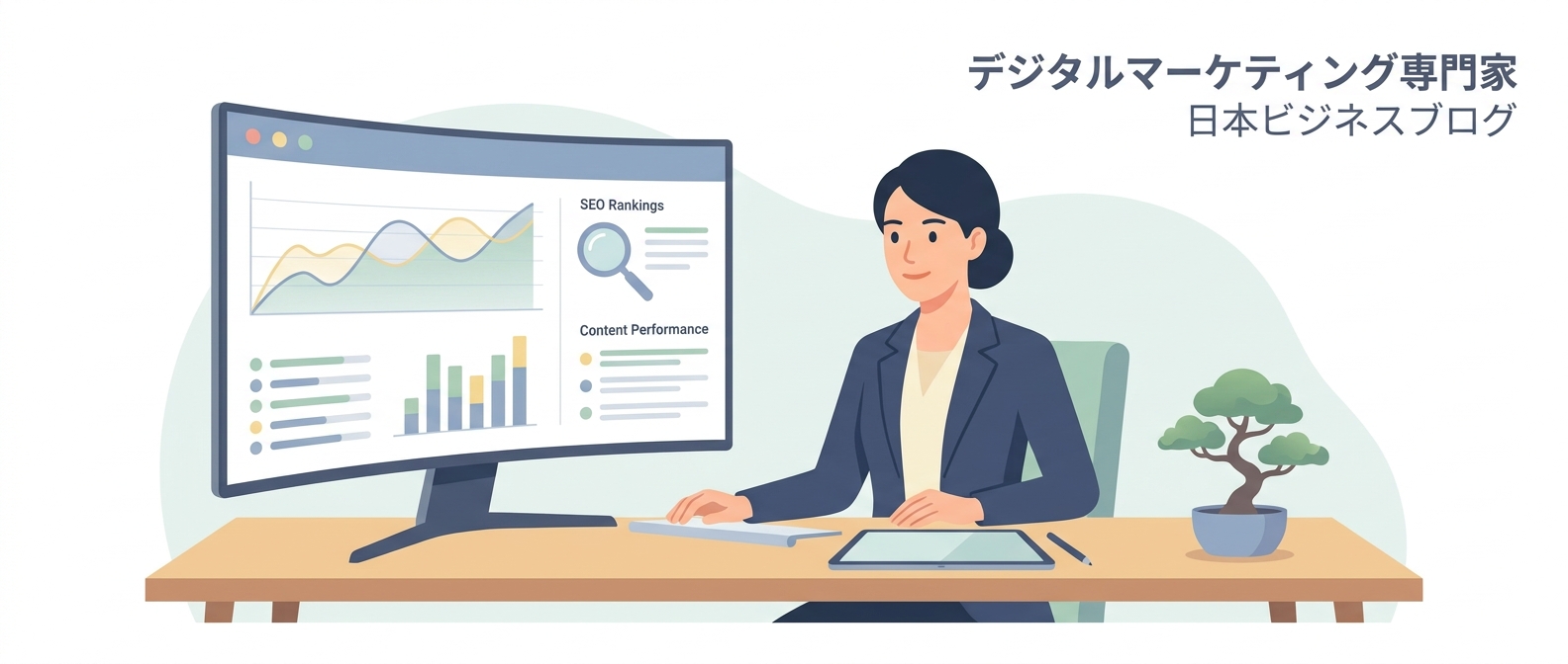 A digital marketing specialist analyzing content performance graphs and search engine optimization rankings on a desktop