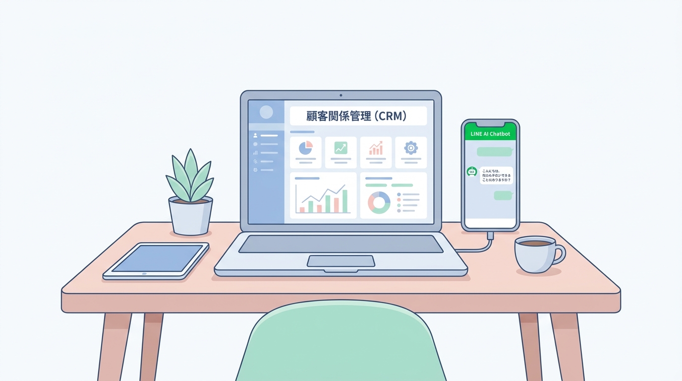 A professional digital workspace with a laptop displaying a customer relationship management (CRM) dashboard, connected 