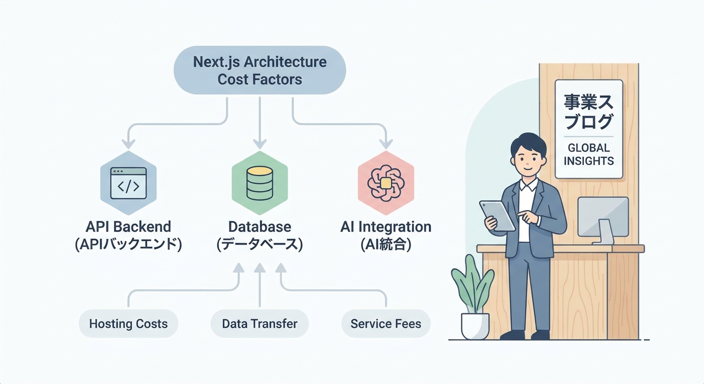 Diagram showing components of Next.js software architecture, cost factors like API backend, database, and AI integration