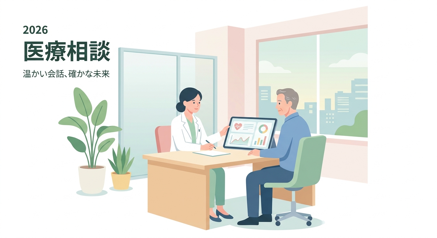 A professional and welcoming medical consultation scene in 2026, where a doctor in a white coat is discussing health dat