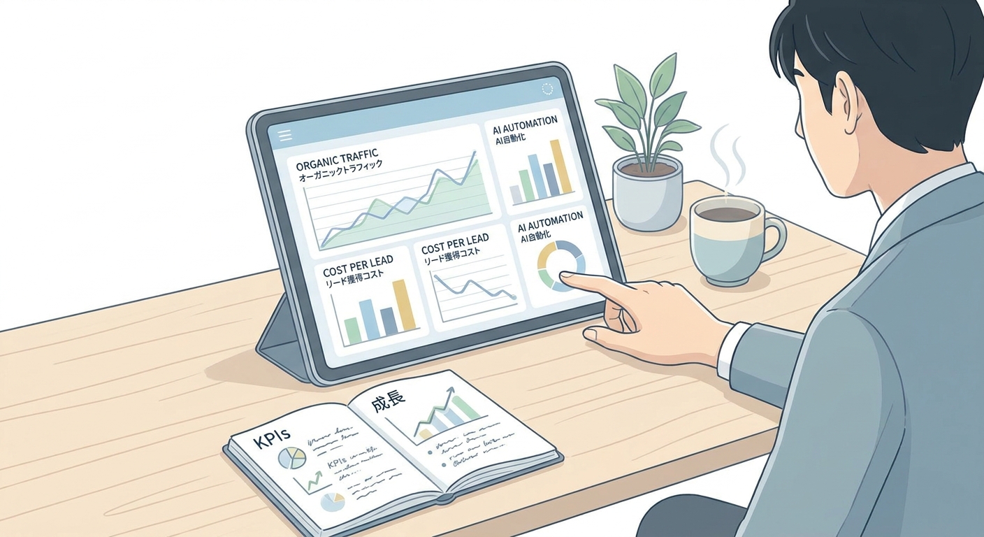A high-tech digital marketing dashboard on a tablet placed beside a notebook, showing key performance indicators for org