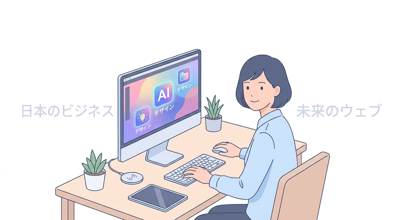 A modern, sleek workspace showing a user designing a website using advanced AI tools on a desktop computer, professional