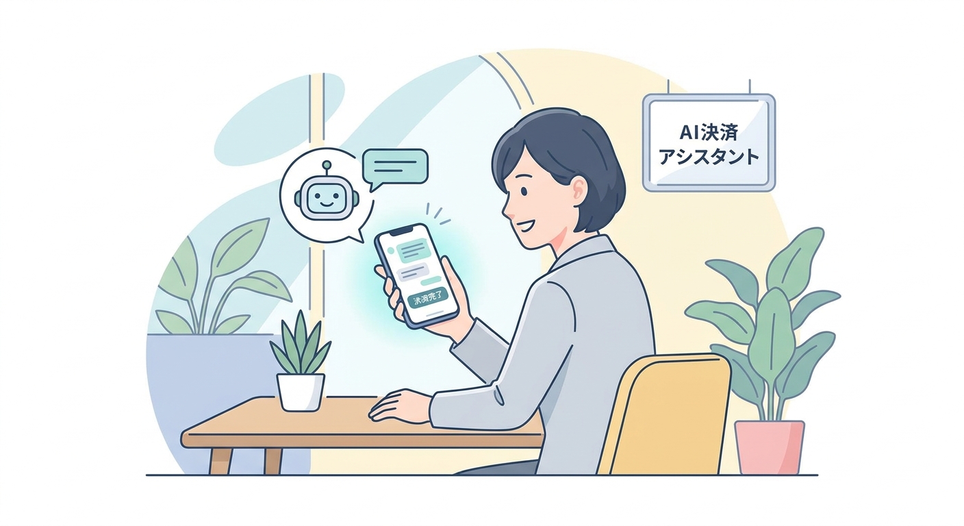 A customer using a smartphone to complete a payment via an online AI chat assistant interface, user-friendly UI, bright