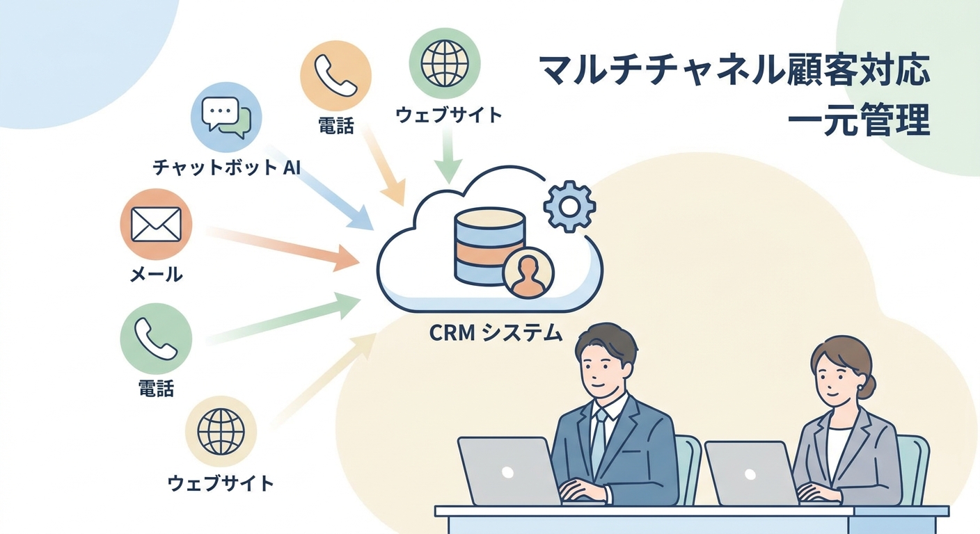 A conceptual diagram illustrating multi-channel customer interactions flowing into a centralized CRM database through AI