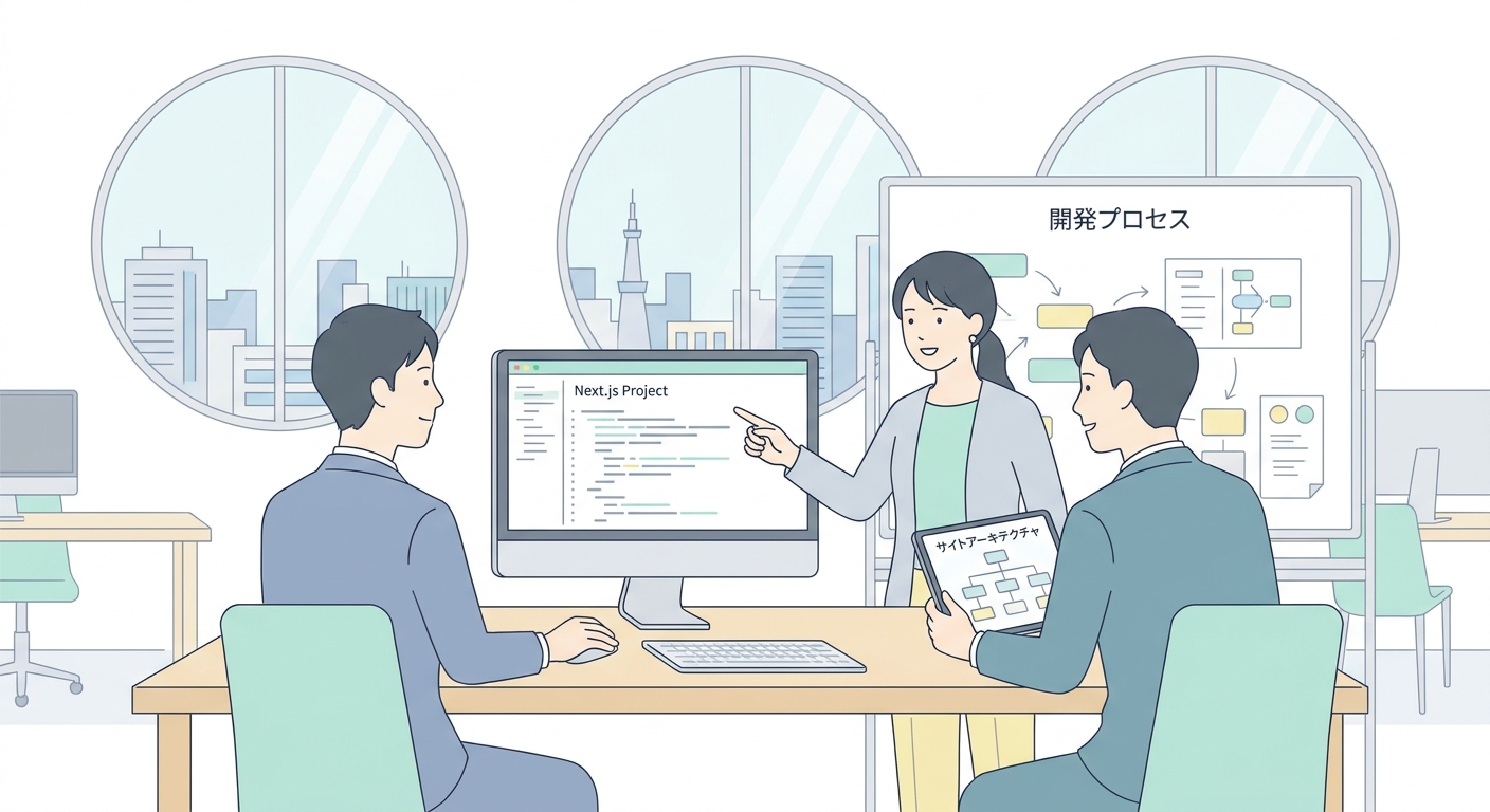 Professional software engineers working on modern Next.js web development in a clean Tokyo tech office with code display