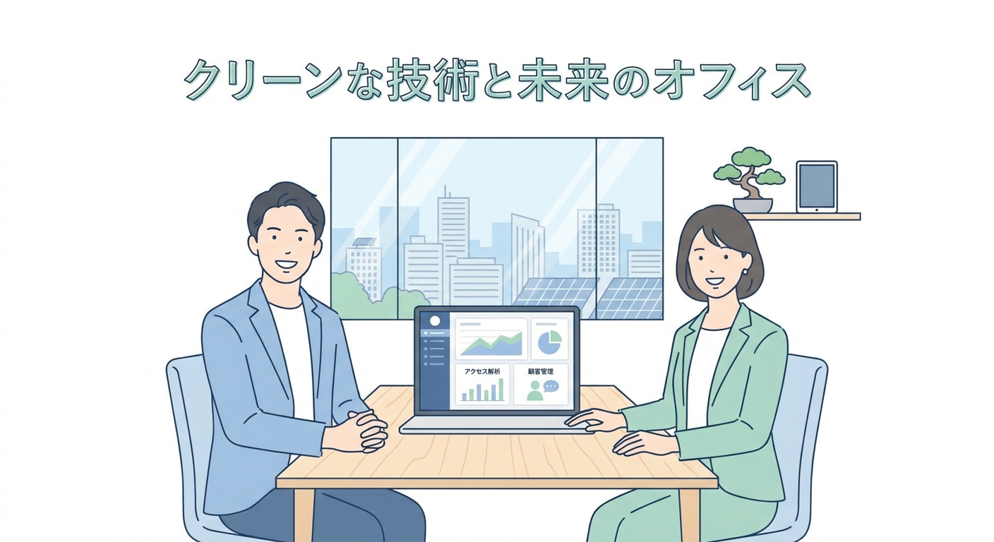Clean tech office workspace with laptop showing web analytics and customer interaction tools