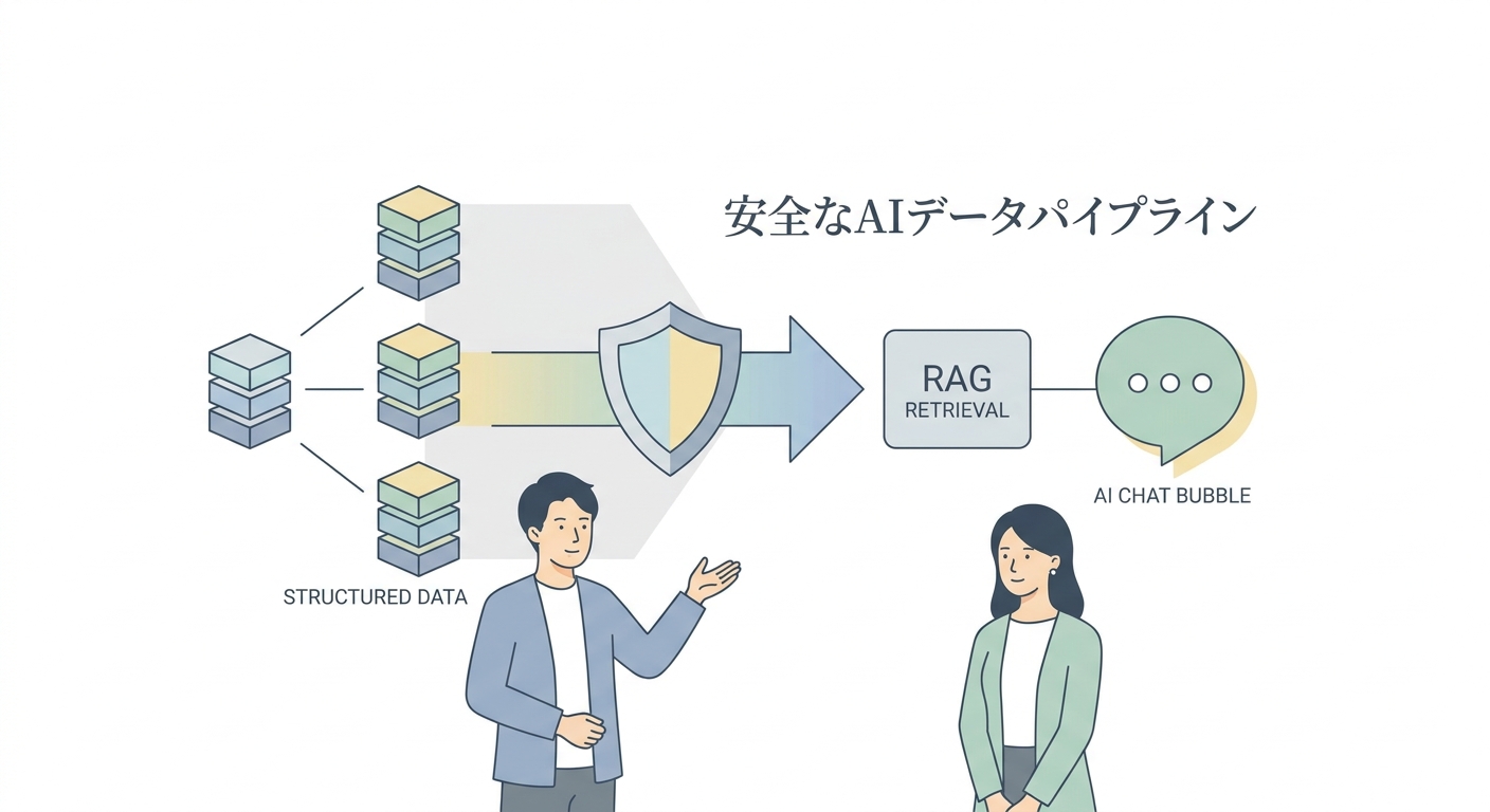 An abstract illustration of a secure AI data pipeline, showing structured database icons, RAG retrieval mechanism, and a