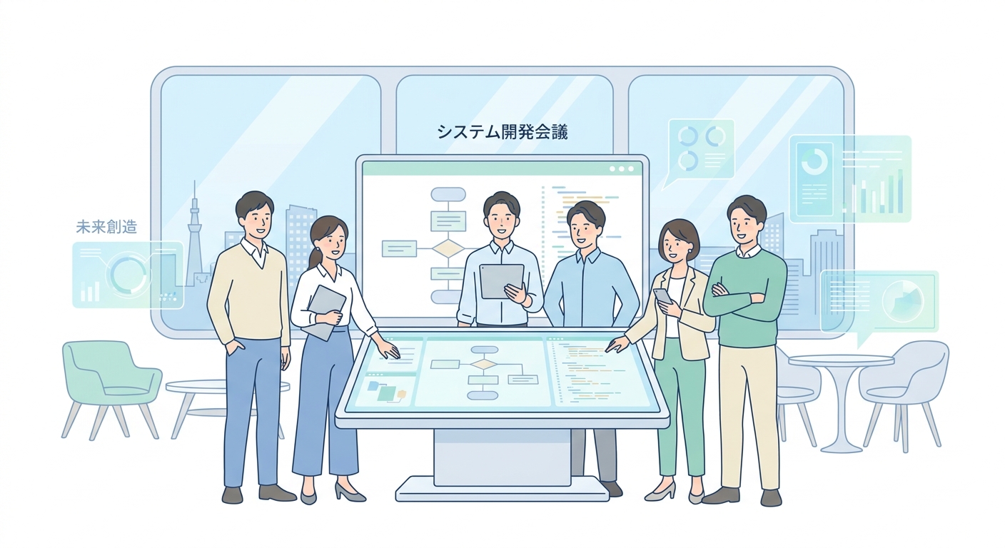 A professional business meeting in a modern Tokyo office, with developers and clients discussing system development on a
