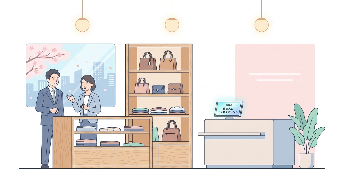 A high-end minimalist boutique interior with wooden shelves displaying leather bags and apparel, warm lighting, and a ne