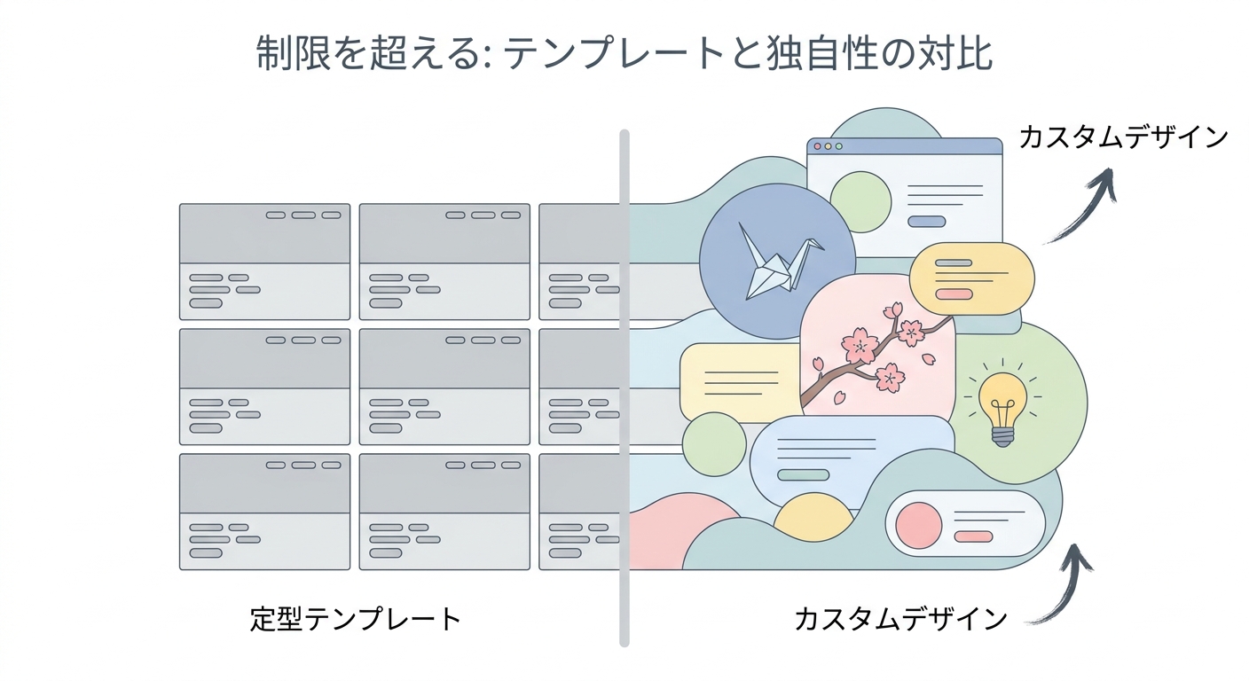 A conceptual illustration showing the contrast between a rigid, repeating template layout (represented by identical grey