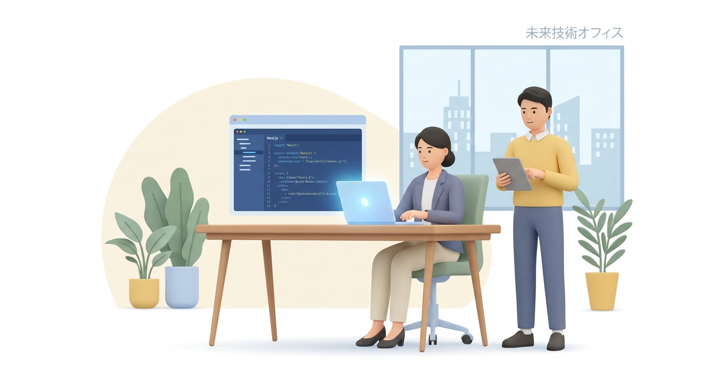 A modern clean tech office with a laptop displaying a Next.js and React code editor, glowing blue and white syntax highl