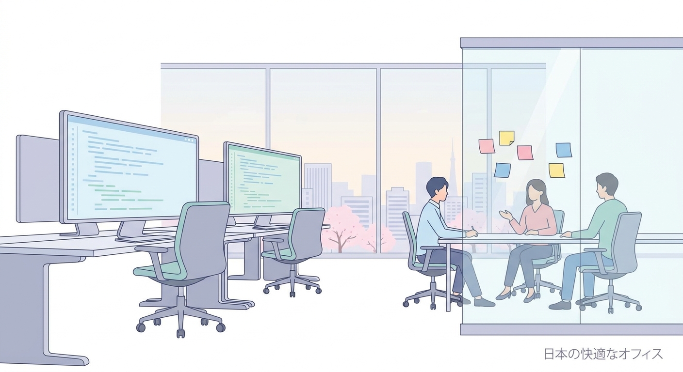 A comfortable and creative workspace in Tokyo, with ergonomic chairs, large monitors showing clean code, sticky notes on