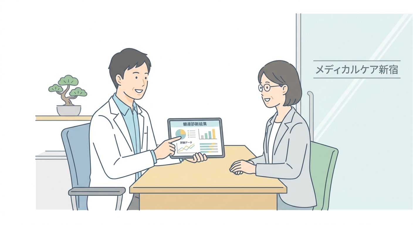 A doctor explaining medical test results to a patient in a modern consultation room, showing a tablet with data, clean a