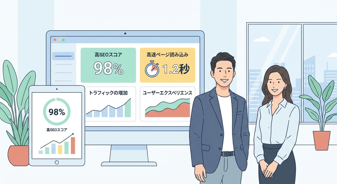 A sleek and modern dashboard interface showing web performance optimization metrics, high SEO score, and fast page loadi