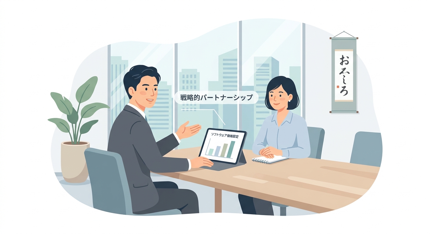 A professional business consultant explaining software pricing structures to a client in a modern high-tech office