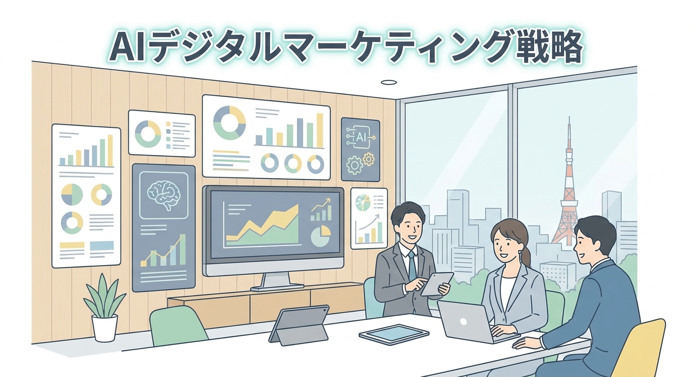 A modern, high-tech office in Tokyo with digital marketing analytics displayed on multiple screens, symbolizing advanced