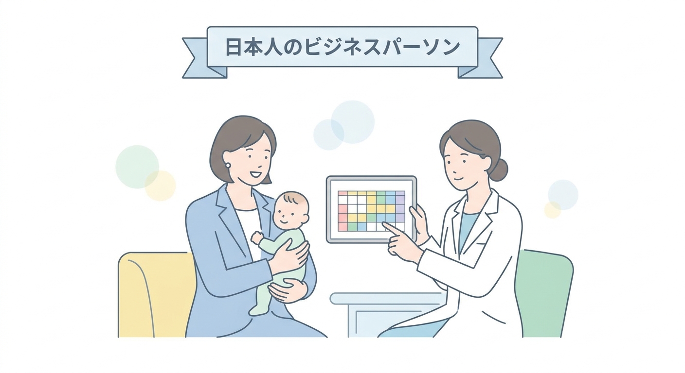 A warm and professional illustration of a mother holding a baby while a friendly pediatrician points to a colorful vacci