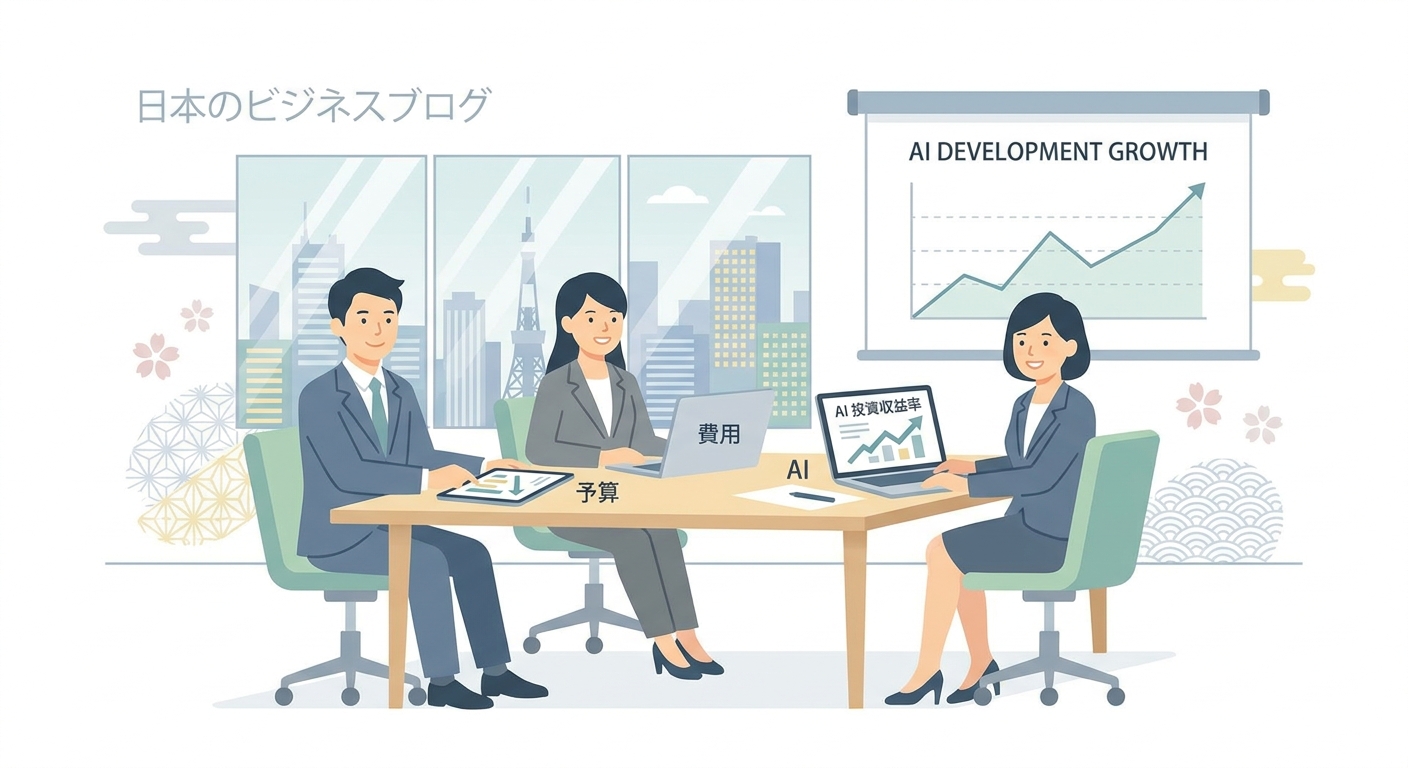 A professional financial meeting in Tokyo, discussing budgets, cost charts, and ROI of AI software development, clean an
