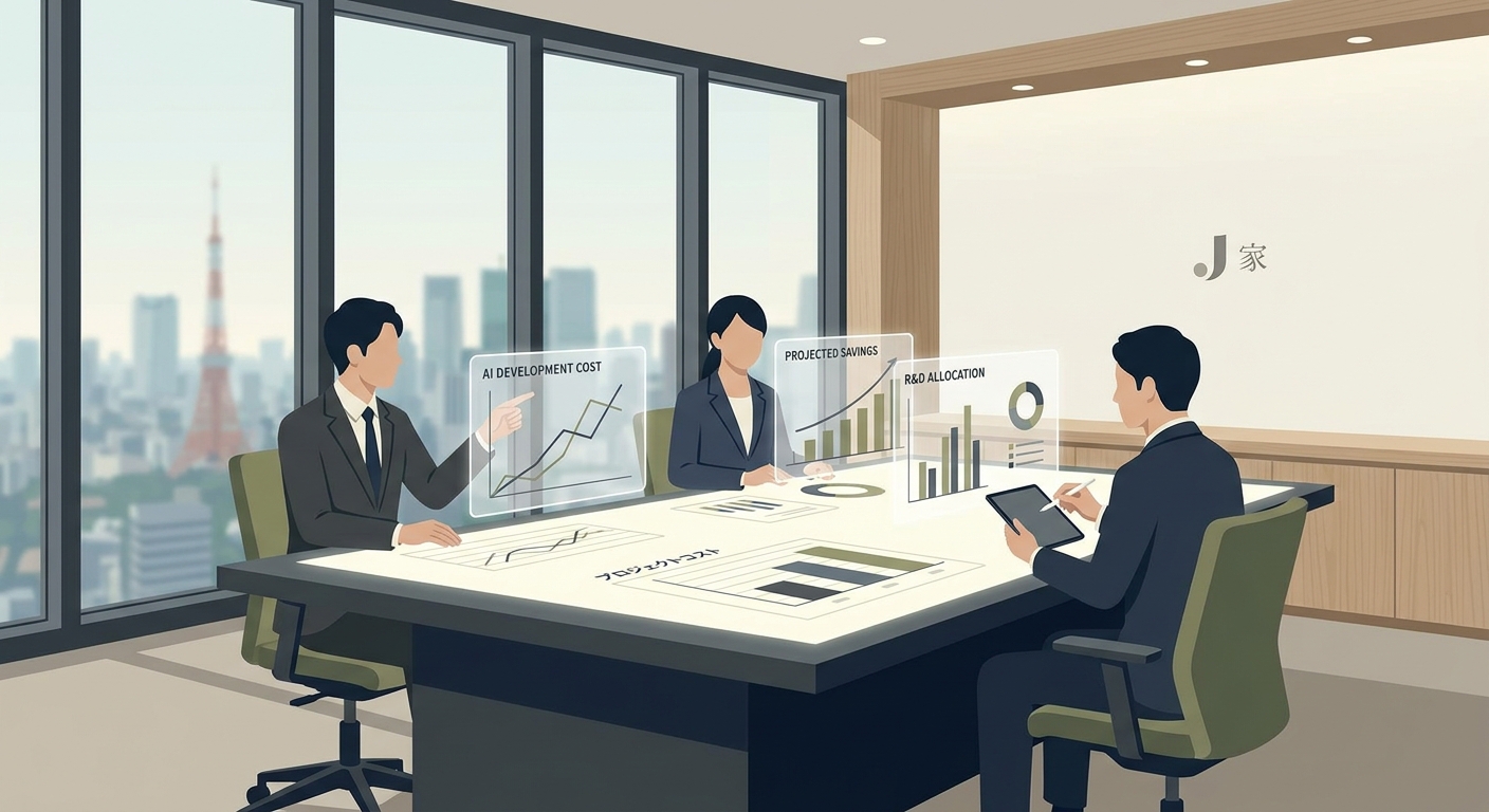 A business meeting discussing project costs and AI development, charts and graphs on a digital table, highly detailed, r