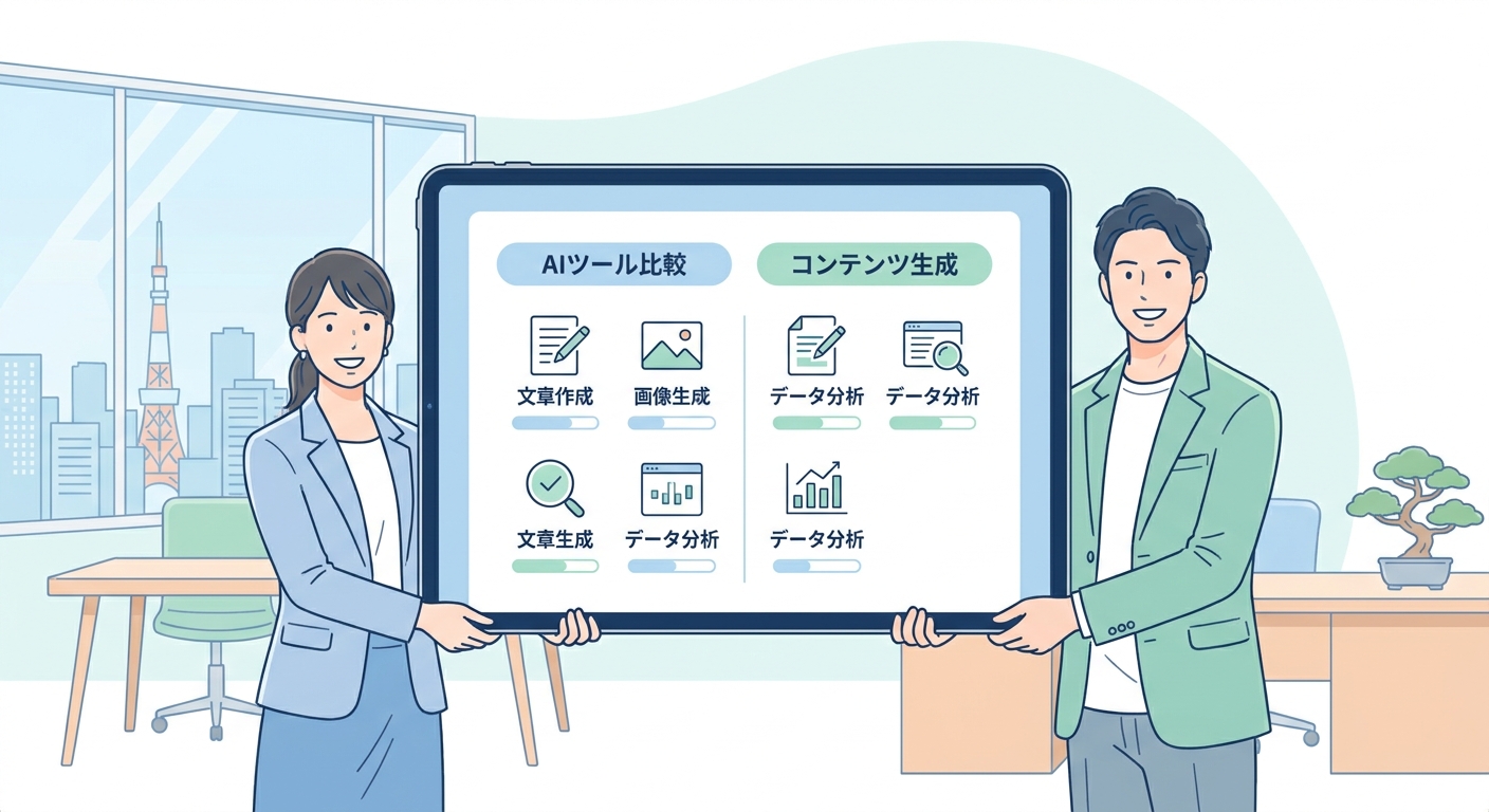 A side-by-side comparison visualization of different AI tools and content generation platforms on a sleek tablet screen