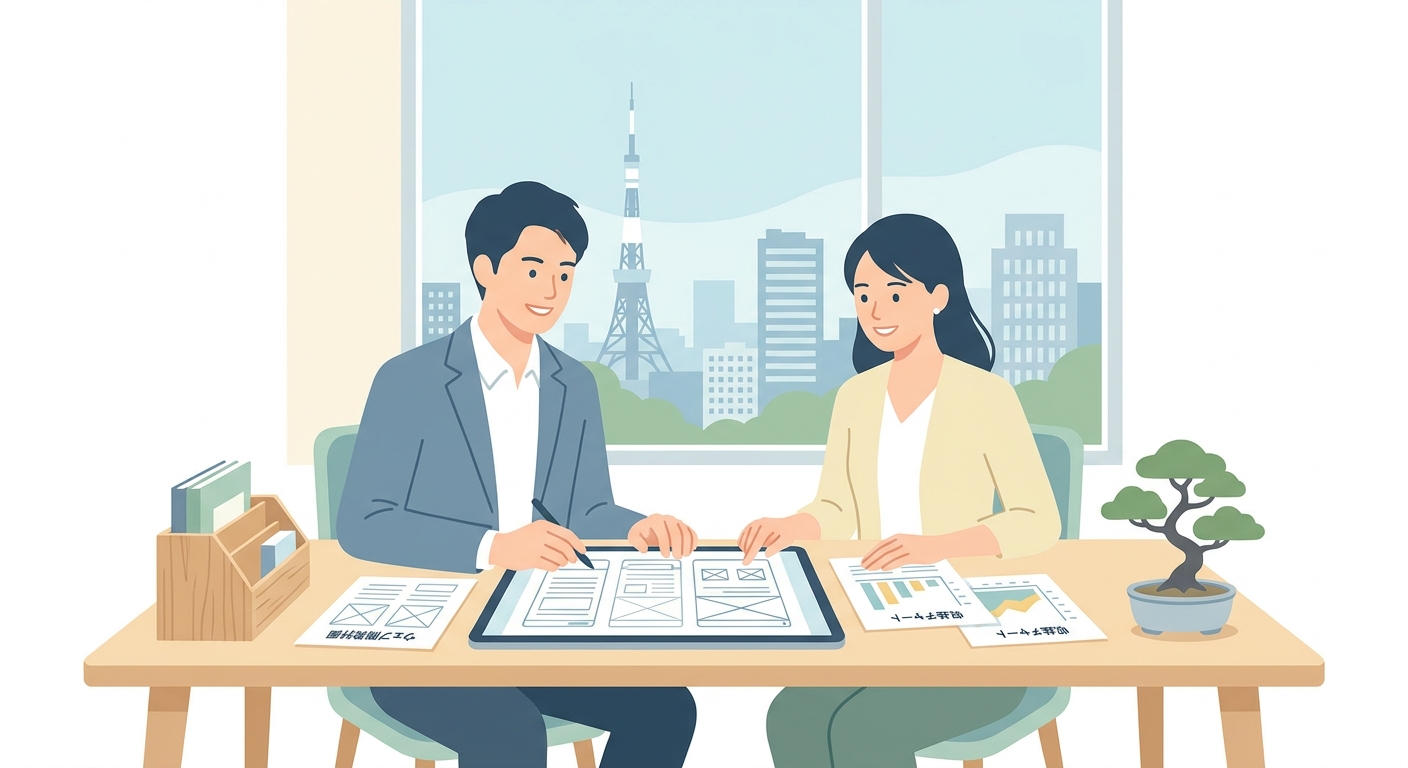 Professional Web development planning scene in Tokyo with website wireframes and financial chart documents on a wooden o